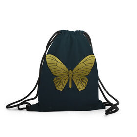 Рюкзак-мешок 3D с принтом Butterfly , 100% полиэстер | плотность ткани — 200 г/м2, размер — 35 х 45 см; лямки — толстые шнурки, застежка на шнуровке, без карманов и подкладки | бабочка | геомеирический | золотой | темный фон