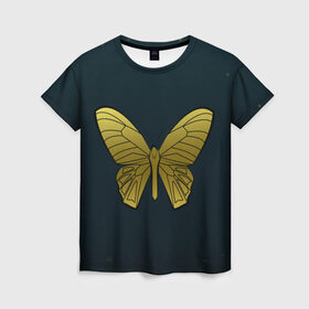 Женская футболка 3D с принтом Butterfly , 100% полиэфир ( синтетическое хлопкоподобное полотно) | прямой крой, круглый вырез горловины, длина до линии бедер | бабочка | геомеирический | золотой | темный фон