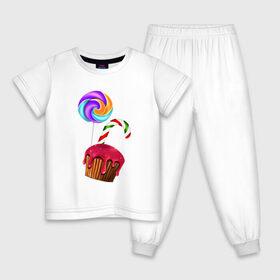 Детская пижама хлопок с принтом Кекс , 100% хлопок |  брюки и футболка прямого кроя, без карманов, на брюках мягкая резинка на поясе и по низу штанин
 | выпечка | еда | карамель | сладости