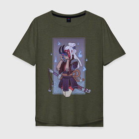 Мужская футболка хлопок Oversize с принтом Oni-girl , 100% хлопок | свободный крой, круглый ворот, “спинка” длиннее передней части | japanesse | lights | mask | oni | samurai | white hair | белые волосы | демон | маска | огоньки