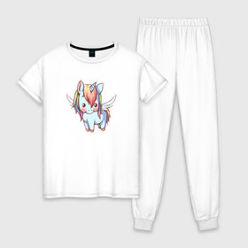 Женская пижама хлопок с принтом Cute Unicorn , 100% хлопок | брюки и футболка прямого кроя, без карманов, на брюках мягкая резинка на поясе и по низу штанин | единорог | единорожик | единорожка | милый | радуга | сказочный | хороший