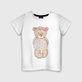 Детская футболка хлопок с принтом Мишка в платьишке , 100% хлопок | круглый вырез горловины, полуприлегающий силуэт, длина до линии бедер | акварель | девушке | карандашом | косолапый | медведь