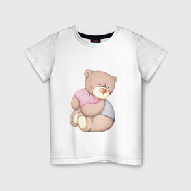 Детская футболка хлопок с принтом Мишка с сердечком , 100% хлопок | круглый вырез горловины, полуприлегающий силуэт, длина до линии бедер | акварель | карандашом | косолапый | медведь | сердечки