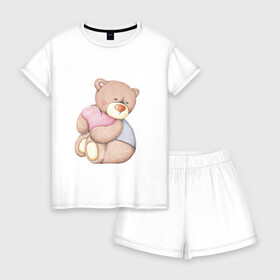 Женская пижама с шортиками хлопок с принтом Мишка с сердечком , 100% хлопок | футболка прямого кроя, шорты свободные с широкой мягкой резинкой | акварель | карандашом | косолапый | медведь | сердечки
