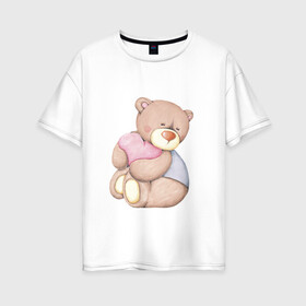 Женская футболка хлопок Oversize с принтом Мишка с сердечком , 100% хлопок | свободный крой, круглый ворот, спущенный рукав, длина до линии бедер
 | акварель | карандашом | косолапый | медведь | сердечки