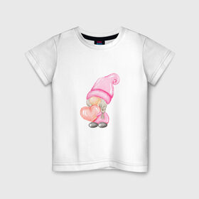 Детская футболка хлопок с принтом Гномик-девочка , 100% хлопок | круглый вырез горловины, полуприлегающий силуэт, длина до линии бедер | Тематика изображения на принте: влюбленные | гномик | день валентина | парные | парочки | розовый | сердечко | шарик