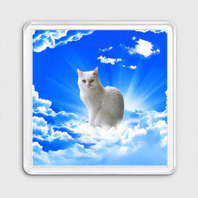 Магнит 55*55 с принтом Кот в облаках , Пластик | Размер: 65*65 мм; Размер печати: 55*55 мм | Тематика изображения на принте: animals | cat | kitty | ангел | белый кот | блики | взгляд кота | глаза кота | животные | киска | кот | котейка | котенок | котик | кошак | кошка | лучи | мордочка | небесный | небо | облака | пейзаж | питомец