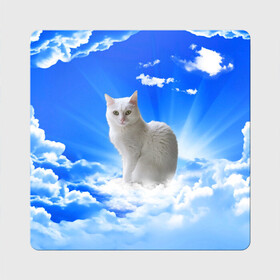 Магнит виниловый Квадрат с принтом Кот в облаках , полимерный материал с магнитным слоем | размер 9*9 см, закругленные углы | animals | cat | kitty | ангел | белый кот | блики | взгляд кота | глаза кота | животные | киска | кот | котейка | котенок | котик | кошак | кошка | лучи | мордочка | небесный | небо | облака | пейзаж | питомец