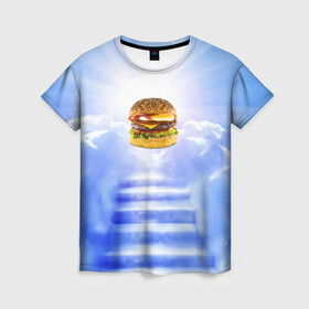 Женская футболка 3D с принтом Райский бургер , 100% полиэфир ( синтетическое хлопкоподобное полотно) | прямой крой, круглый вырез горловины, длина до линии бедер | food | hamburger | hot dog | ангел | блики | булка | булочка | бургер | бутерброд | вкусняшки | гамбургер | еда | котлета | лестница | лучи | небесный | небо | обжора | облака | пейзаж | природа | рай | сендвич