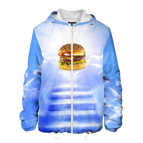 Мужская куртка 3D с принтом Райский бургер , ткань верха — 100% полиэстер, подклад — флис | прямой крой, подол и капюшон оформлены резинкой с фиксаторами, два кармана без застежек по бокам, один большой потайной карман на груди. Карман на груди застегивается на липучку | Тематика изображения на принте: food | hamburger | hot dog | ангел | блики | булка | булочка | бургер | бутерброд | вкусняшки | гамбургер | еда | котлета | лестница | лучи | небесный | небо | обжора | облака | пейзаж | природа | рай | сендвич