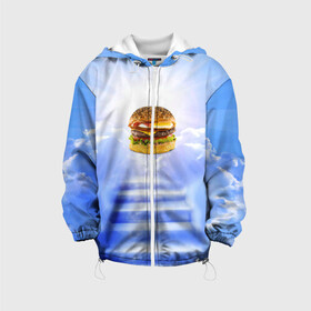 Детская куртка 3D с принтом Райский бургер , 100% полиэстер | застежка — молния, подол и капюшон оформлены резинкой с фиксаторами, по бокам — два кармана без застежек, один потайной карман на груди, плотность верхнего слоя — 90 г/м2; плотность флисового подклада — 260 г/м2 | Тематика изображения на принте: food | hamburger | hot dog | ангел | блики | булка | булочка | бургер | бутерброд | вкусняшки | гамбургер | еда | котлета | лестница | лучи | небесный | небо | обжора | облака | пейзаж | природа | рай | сендвич