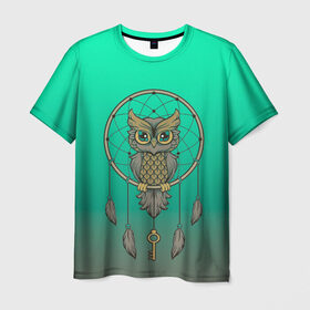 Мужская футболка 3D с принтом сова ловец снов , 100% полиэфир | прямой крой, круглый вырез горловины, длина до линии бедер | арт | взгляд | градиент | знание | ключ | круг | ловец снов | масоны | мудрость | перо | птица | птичка | сова | тайна | филин