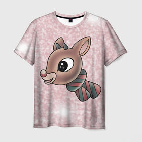 Мужская футболка 3D с принтом Рождественский олень , 100% полиэфир | прямой крой, круглый вырез горловины, длина до линии бедер | 2021 | животное | звезды | мило | новый год | олень | рождество | рожки | розовый фон | шарф