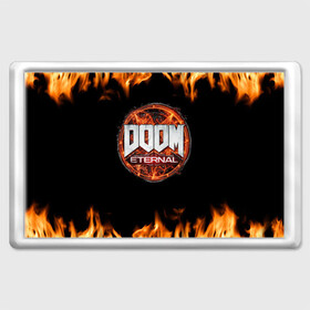 Магнит 45*70 с принтом DOOM Eternal , Пластик | Размер: 78*52 мм; Размер печати: 70*45 | doom eternal | дум | игра | компьютерная | логотип | надпись | огненный | огонь | подарок | пожар | символ | фанату | черный