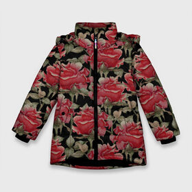 Зимняя куртка для девочек 3D с принтом Красные розы на черном фоне , ткань верха — 100% полиэстер; подклад — 100% полиэстер, утеплитель — 100% полиэстер. | длина ниже бедра, удлиненная спинка, воротник стойка и отстегивающийся капюшон. Есть боковые карманы с листочкой на кнопках, утяжки по низу изделия и внутренний карман на молнии. 

Предусмотрены светоотражающий принт на спинке, радужный светоотражающий элемент на пуллере молнии и на резинке для утяжки. | 8 марта | flowers | summer | ботаническая иллюстрация | весна | зеленый | красный | лето | любовь | праздник | принт | природа | растения | розы | цветы | черный