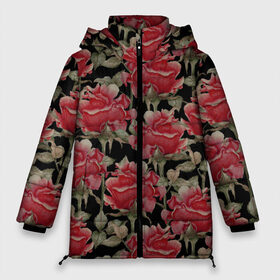Женская зимняя куртка 3D с принтом Красные розы на черном фоне , верх — 100% полиэстер; подкладка — 100% полиэстер; утеплитель — 100% полиэстер | длина ниже бедра, силуэт Оверсайз. Есть воротник-стойка, отстегивающийся капюшон и ветрозащитная планка. 

Боковые карманы с листочкой на кнопках и внутренний карман на молнии | 8 марта | flowers | summer | ботаническая иллюстрация | весна | зеленый | красный | лето | любовь | праздник | принт | природа | растения | розы | цветы | черный