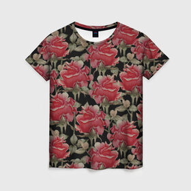 Женская футболка 3D с принтом Красные розы на черном фоне , 100% полиэфир ( синтетическое хлопкоподобное полотно) | прямой крой, круглый вырез горловины, длина до линии бедер | Тематика изображения на принте: 8 марта | flowers | summer | ботаническая иллюстрация | весна | зеленый | красный | лето | любовь | праздник | принт | природа | растения | розы | цветы | черный