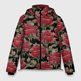 Мужская зимняя куртка 3D с принтом Красные розы на черном фоне , верх — 100% полиэстер; подкладка — 100% полиэстер; утеплитель — 100% полиэстер | длина ниже бедра, свободный силуэт Оверсайз. Есть воротник-стойка, отстегивающийся капюшон и ветрозащитная планка. 

Боковые карманы с листочкой на кнопках и внутренний карман на молнии. | 8 марта | flowers | summer | ботаническая иллюстрация | весна | зеленый | красный | лето | любовь | праздник | принт | природа | растения | розы | цветы | черный