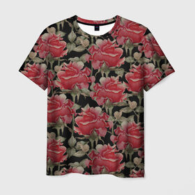 Мужская футболка 3D с принтом Красные розы на черном фоне , 100% полиэфир | прямой крой, круглый вырез горловины, длина до линии бедер | 8 марта | flowers | summer | ботаническая иллюстрация | весна | зеленый | красный | лето | любовь | праздник | принт | природа | растения | розы | цветы | черный