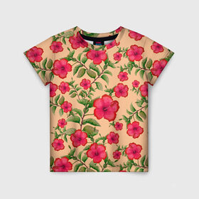Детская футболка 3D с принтом Гибискусы на бежевом фоне , 100% гипоаллергенный полиэфир | прямой крой, круглый вырез горловины, длина до линии бедер, чуть спущенное плечо, ткань немного тянется | 8 марта | flowers | summer | бежевый | ботаническая иллюстрация | весна | гибискус | зеленый | красный | лето | любовь | праздник | принт | природа | растения | цветы