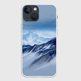 Чехол для iPhone 13 mini с принтом Серо голубые горы ,  |  | арт | горы | живопись | кистью | краски | пейзаж | рисунок | серый