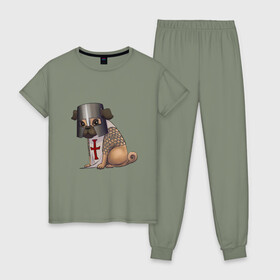 Женская пижама хлопок с принтом Сэр мопс , 100% хлопок | брюки и футболка прямого кроя, без карманов, на брюках мягкая резинка на поясе и по низу штанин | крестоносец | мопс | пёс | собака | тамплиер