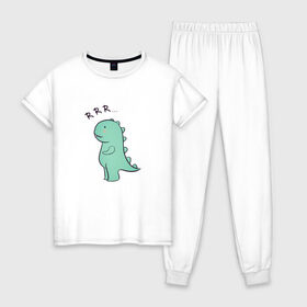 Женская пижама хлопок с принтом T-rex , 100% хлопок | брюки и футболка прямого кроя, без карманов, на брюках мягкая резинка на поясе и по низу штанин | Тематика изображения на принте: cute | kawai | динозавр | миленький