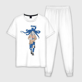 Мужская пижама хлопок с принтом Владыка моря , 100% хлопок | брюки и футболка прямого кроя, без карманов, на брюках мягкая резинка на поясе и по низу штанин
 | волна | восток | мода | морской | осьминог | синий | япония