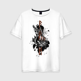 Женская футболка хлопок Oversize с принтом Assassins Creed Valhalla Тату , 100% хлопок | свободный крой, круглый ворот, спущенный рукав, длина до линии бедер
 | викинги | графика | драккар | корабль | орел | руны | тату | черный