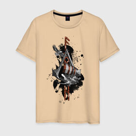 Мужская футболка хлопок с принтом Assassins Creed Valhalla Тату , 100% хлопок | прямой крой, круглый вырез горловины, длина до линии бедер, слегка спущенное плечо. | викинги | графика | драккар | корабль | орел | руны | тату | черный