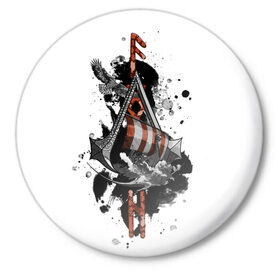 Значок с принтом Assassins Creed Valhalla Тату ,  металл | круглая форма, металлическая застежка в виде булавки | Тематика изображения на принте: ассасинс крид | викинги | графика | драккар | корабль | орел | руны | тату
