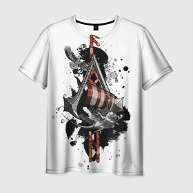 Мужская футболка 3D с принтом Assassins Creed Valhalla Тату , 100% полиэфир | прямой крой, круглый вырез горловины, длина до линии бедер | ассасинс крид | викинги | графика | драккар | корабль | орел | руны | тату