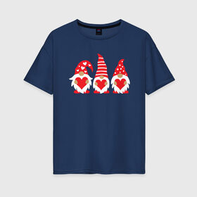 Женская футболка хлопок Oversize с принтом Влюбленные гномы , 100% хлопок | свободный крой, круглый ворот, спущенный рукав, длина до линии бедер
 | валентин | влюбленные | гном | гномы | день святого валентина | на день влюбленных | сердечки | скандинавские | скандинавский | три гнома