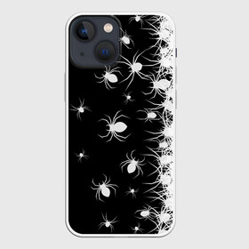 Чехол для iPhone 13 mini с принтом Пауки ,  |  | black and white | dark | halloween | horror | spiders | жуки | клещ | краска | минимализм | монохромный | ночь | пауки | паутина | паучки | паучок | страшный | сумерки | темный | тьма | ужасы | уличный | хеллоуин | хоррор
