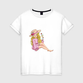 Женская футболка хлопок с принтом Варвара , 100% хлопок | прямой крой, круглый вырез горловины, длина до линии бедер, слегка спущенное плечо | в шляпке | девушка | еда | кокетка | коктейль
