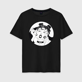 Женская футболка хлопок Oversize с принтом Dark moon , 100% хлопок | свободный крой, круглый ворот, спущенный рукав, длина до линии бедер
 | sailor moon | аниме | девушка | демон | клыки | луна | сейлор мун | суккуб | черно белый