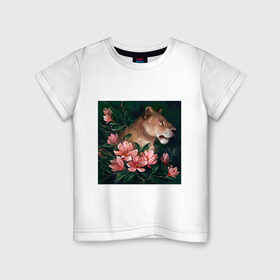 Детская футболка хлопок с принтом Львица , 100% хлопок | круглый вырез горловины, полуприлегающий силуэт, длина до линии бедер | животное | кошка | лев | львица | природа | растения | хищник | цветы