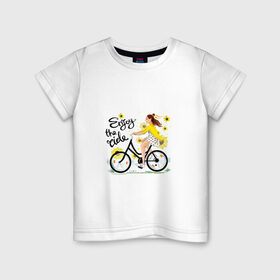 Детская футболка хлопок с принтом Велосипедистка , 100% хлопок | круглый вырез горловины, полуприлегающий силуэт, длина до линии бедер | велосипед | девушка | желтый | лето | подсолнухи | спорт