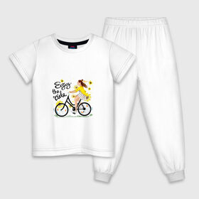 Детская пижама хлопок с принтом Велосипедистка , 100% хлопок |  брюки и футболка прямого кроя, без карманов, на брюках мягкая резинка на поясе и по низу штанин
 | велосипед | девушка | желтый | лето | подсолнухи | спорт