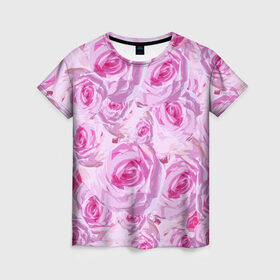 Женская футболка 3D с принтом Roses , 100% полиэфир ( синтетическое хлопкоподобное полотно) | прямой крой, круглый вырез горловины, длина до линии бедер | дизайн с розами | женственность | нежность | роза | розовый принт | розовый фон | розы | цветы