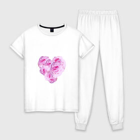 Женская пижама хлопок с принтом The Heart , 100% хлопок | брюки и футболка прямого кроя, без карманов, на брюках мягкая резинка на поясе и по низу штанин | нежность | роза | розовое сердце | розовый принт | розы | романтика | сердечко | сердце