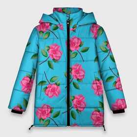 Женская зимняя куртка 3D с принтом Камелии на голубом фоне , верх — 100% полиэстер; подкладка — 100% полиэстер; утеплитель — 100% полиэстер | длина ниже бедра, силуэт Оверсайз. Есть воротник-стойка, отстегивающийся капюшон и ветрозащитная планка. 

Боковые карманы с листочкой на кнопках и внутренний карман на молнии | 8 марта | flowers | summer | ботаническая иллюстрация | весна | зеленый | камелии | лето | любовь | праздник | принт | природа | растения | розовый | цветы