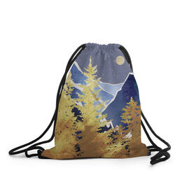 Рюкзак-мешок 3D с принтом Золотой лес , 100% полиэстер | плотность ткани — 200 г/м2, размер — 35 х 45 см; лямки — толстые шнурки, застежка на шнуровке, без карманов и подкладки | горы | елки | золотой | лес | луна | природа | путешественникам | путешествие