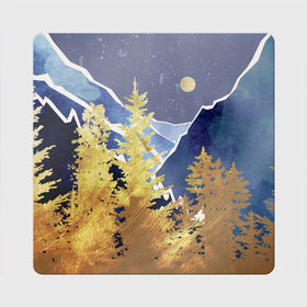 Магнит виниловый Квадрат с принтом Золотой лес , полимерный материал с магнитным слоем | размер 9*9 см, закругленные углы | горы | елки | золотой | лес | луна | природа | путешественникам | путешествие