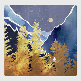 Магнитный плакат 3Х3 с принтом Золотой лес , Полимерный материал с магнитным слоем | 9 деталей размером 9*9 см | горы | елки | золотой | лес | луна | природа | путешественникам | путешествие