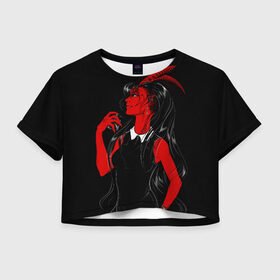 Женская футболка Crop-top 3D с принтом Дьяволица , 100% полиэстер | круглая горловина, длина футболки до линии талии, рукава с отворотами | аниме | девушка | девушка с рогами | дьявол