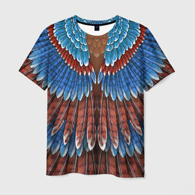 Мужская футболка 3D с принтом оперение сойка , 100% полиэфир | прямой крой, круглый вырез горловины, длина до линии бедер | feathers | plumage | друид | индеец | коричневый | оперение | орёл | пернатый | перо | перья | природа | птица | синий | сойка | сон