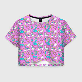 Женская футболка Crop-top 3D с принтом Единороги и пончики , 100% полиэстер | круглая горловина, длина футболки до линии талии, рукава с отворотами | девочке | девчачья | детская | детство | единороги | звездочки | милая | пончики | радуга | сладости
