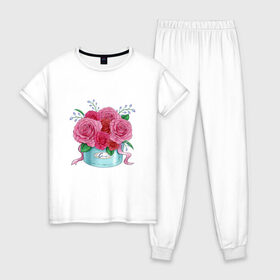 Женская пижама хлопок с принтом Букет Роз , 100% хлопок | брюки и футболка прямого кроя, без карманов, на брюках мягкая резинка на поясе и по низу штанин | красный | розы | тюльпаны | цветы