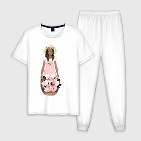 Мужская пижама хлопок с принтом Девушка с корзиной тюльпанов , 100% хлопок | брюки и футболка прямого кроя, без карманов, на брюках мягкая резинка на поясе и по низу штанин
 | 8 марта | dreams | всемирный женский день | цветы